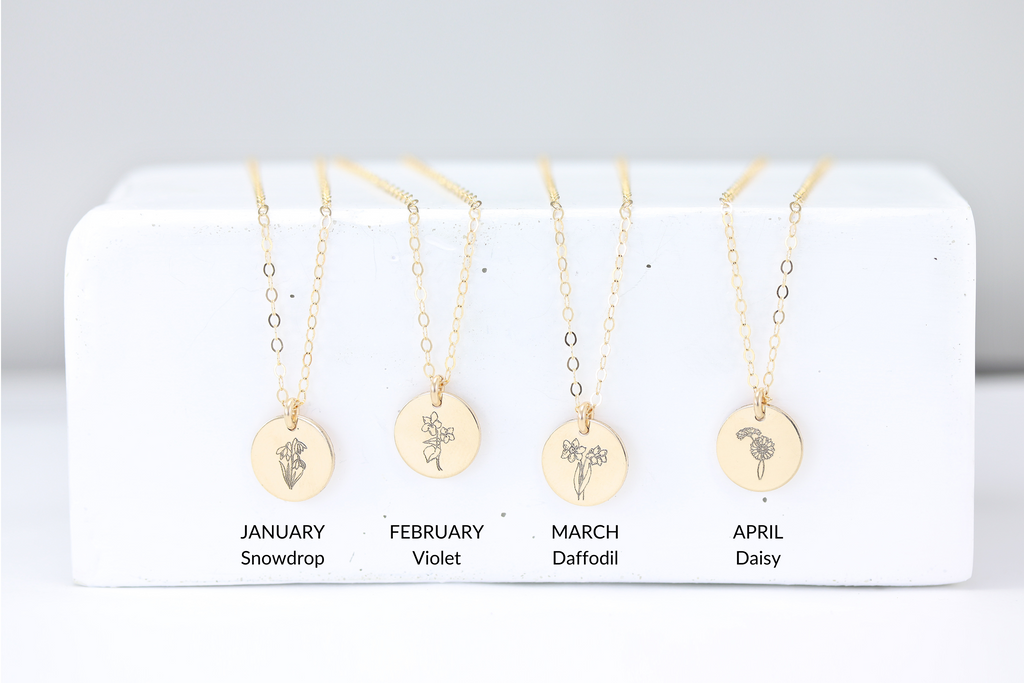 Name Plate Necklace, March Birth Flower Necklace - blushes & gold